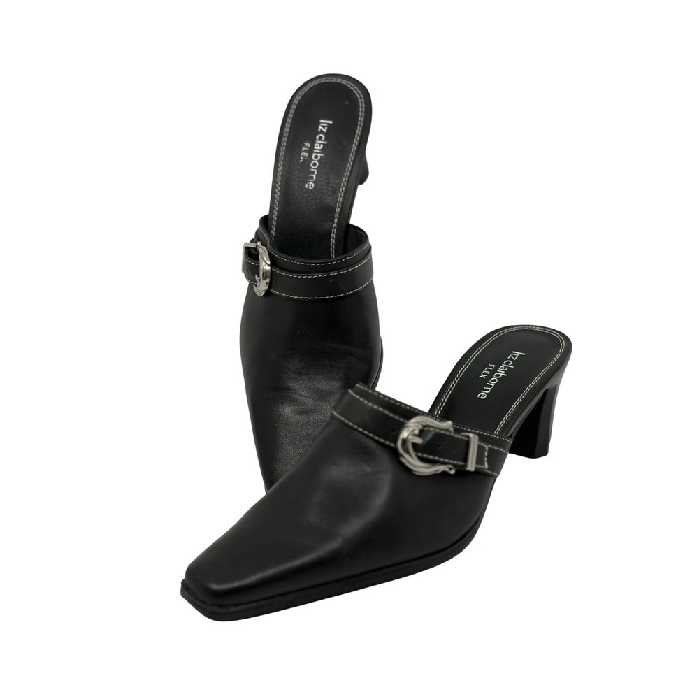 Liz Claiborne Flex Bree Black Leather Buckle Mules Pointed Toe Block Heel 7.5M